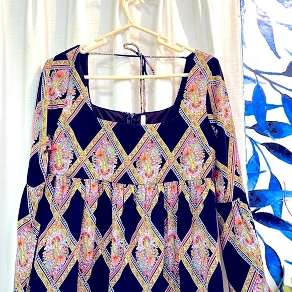 Women’s Sage Boho Argyle Floral Pattern Polyester Baby Doll Smock Dress Size M - Picture 2 of 9